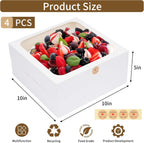 Moretoes 4 Pack Cake Boxes with Window, 10x10x5 Inches White Bakery Containers, 10 Inch White Cake Carrier, Disposable Bakery Boxes for Valentine's Day Mother's Day Cake Cupcake Cookie Pie Pastry
