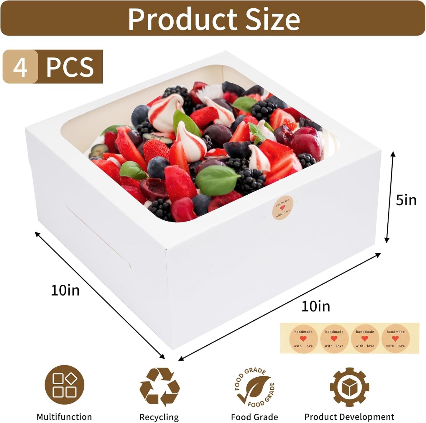 Moretoes 4 Pack Cake Boxes with Window, 10x10x5 Inches White Bakery Containers, 10 Inch White Cake Carrier, Disposable Bakery Boxes for Valentine's Day Mother's Day Cake Cupcake Cookie Pie Pastry