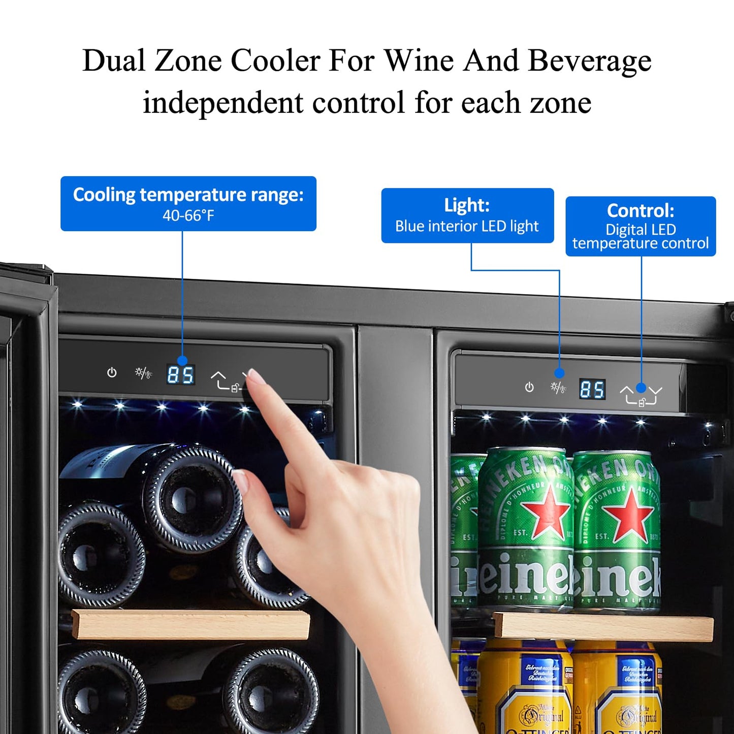 BODEGACOOLER 24 Inch Wine and Beverage Refrigerator, 2 Door Commercial Back Bar Cooler, Dual Zone Wine Cooler Refrigerator, Back Bar fridge for bar, party, Hold 20 Bottles and 57 Cans,LED light,Black.