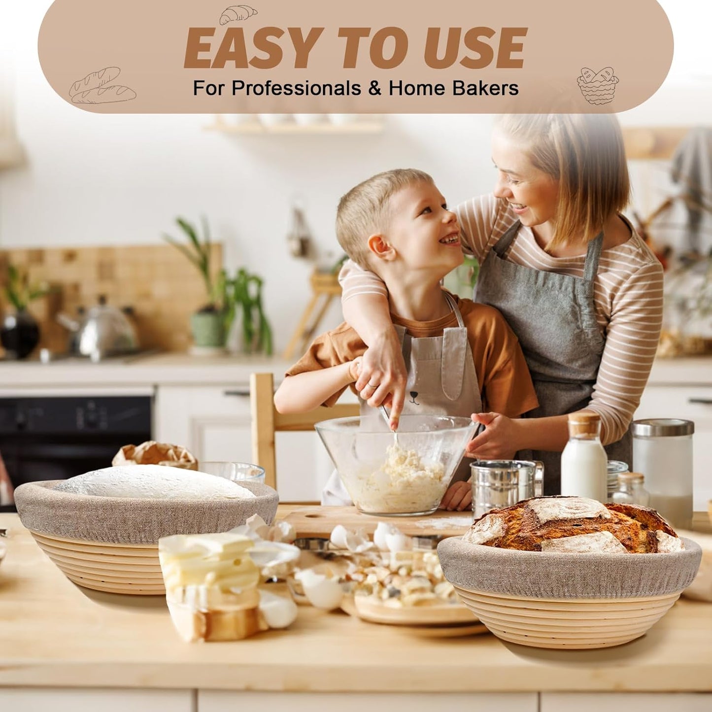 Sourdough Proofing Basket Gift Set of 2 Round Dough Proofing Bowls for Sour Dough Bread Baking Supplies, Proofing Basket or Home Sourdough Bakers Baking, 8.5 inch