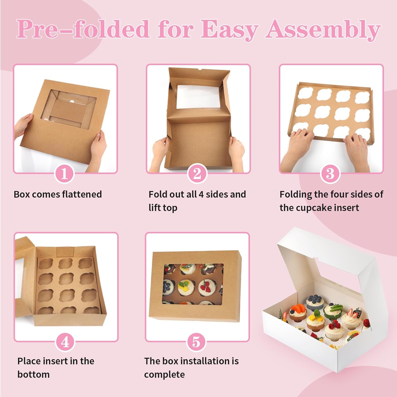 Cupcake Boxes, 2 Pack Disposable Cupcake Containers, Food Grade Cupcake Carrier 12 Count with Window and Inserts, Cupcake Transport Holders Bulk for Muffins Cookies Treats Dessert（White）