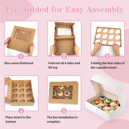 Cupcake Boxes, 2 Pack Disposable Cupcake Containers, Food Grade Cupcake Carrier 12 Count with Window and Inserts, Cupcake Transport Holders Bulk for Muffins Cookies Treats Dessert（White）