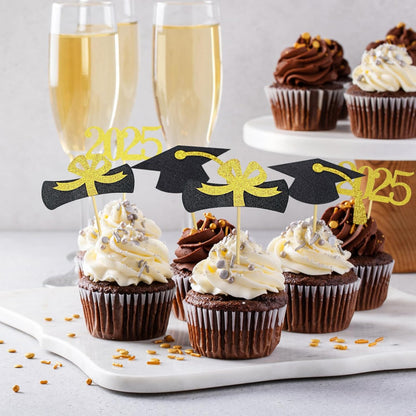 Graduation Cupcake Toppers 2025,48 PCS Graduations Decoration,Class of 2025 Food Appetizer Picks, Party Supplies/Food Appetizer Picks Mini Cake Decor (Gold)