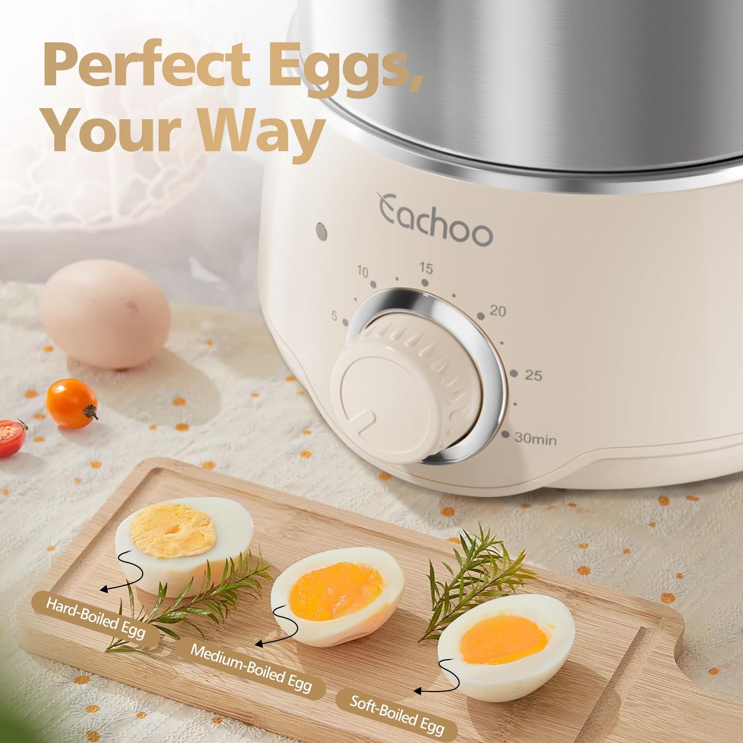 Hard Boiled Egg Cooker - CACHOO 14-Egg Rapid Stainless Steel Egg Boiler with 30-Min Timer & Auto Shut Off, Compact Electric Vegetable Steamer for Cooking, Dishwasher Safe, Beige