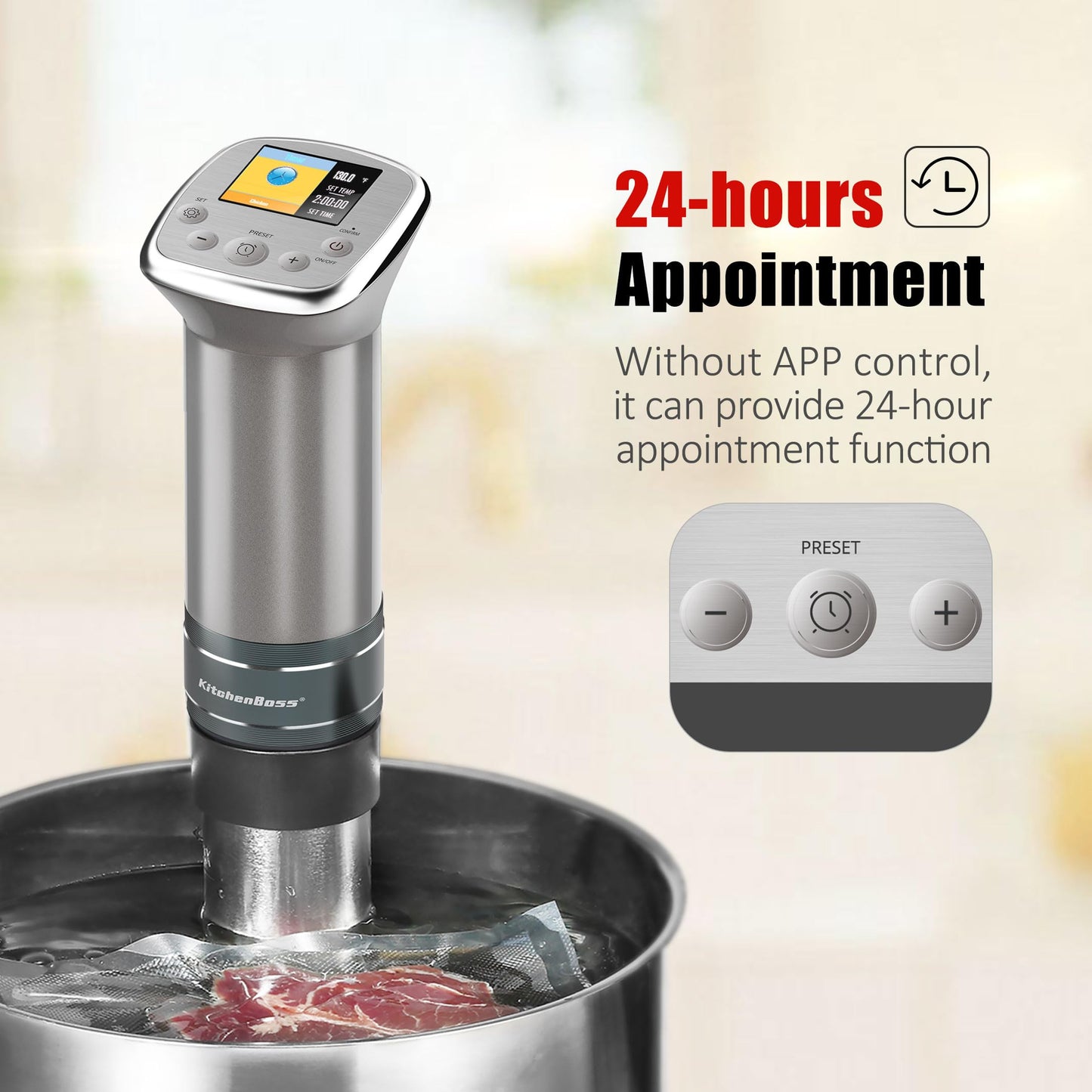 KitchenBoss Sous Vide Cooker Machine: Ultra-Quiet Built-in TFT Recipes IPX7 Waterproof circulator cooker Brushless DC motor 1100 Watts Immersion Circulator Sous-vide Cooking Machine G321, Silver