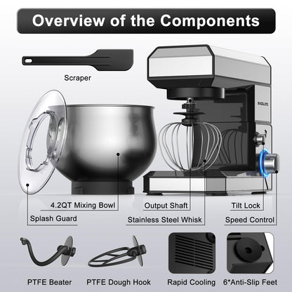 Mikser stojący BAIGELONG 6+P Speeds, 4,2 kwarty mały mikser do żywności ze stalową misą, hakiem do ciasta, trzepaczką, trzepaczką i skrobakiem, elektryczny mikser kuchenny do pieczenia ciasta, większość domowych kucharzy, srebrny