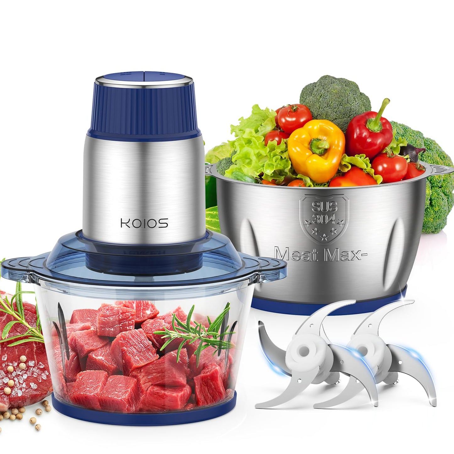 KOIOS Small Food Processor with 2 Bowls (8 Cup+8 Cup) & 2 Sets Bi-level Blade, 2L Electric Food Chopper Meat Grinder for Meat/Vegetable/Fruits/Nuts/Baby Food, 500W, 2 Speed Modes