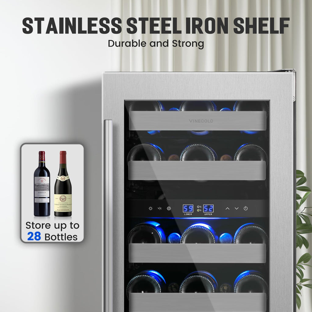 VINECOLD 15 Inch Wine Fridge Under Counter, Dual Zone 28 Bottle Wine Cooler Refrigerator, Seamless Reversible Door,New Upgrade Built-in/Freestanding Wine Cooler for Home and Kitchen