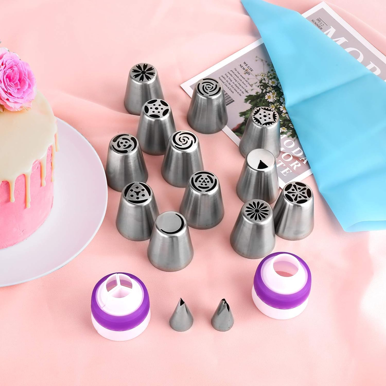 120 PCS Piping Bags and Tips Set 14 In 100 PCS Pastry Bags Cupcake Cookie Cake Decorating Kit 12 Flower Frosting Nozzles 2 Leaf Piping Tips 2 Couplers 2 Icing Bag Ties 1 Tips Brush