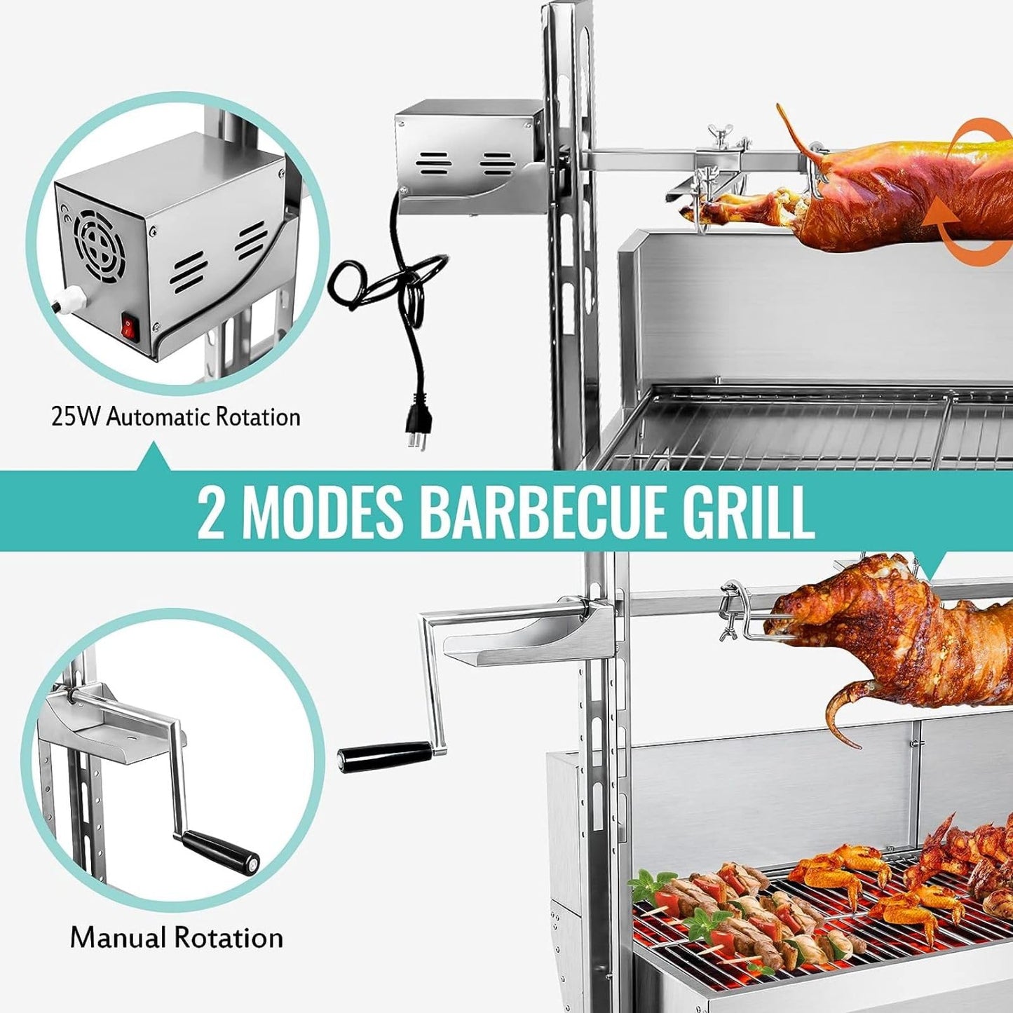 OUKIDR 176 LBS Stainless Steel Rotisserie Grill With Back Cover Guard, 25W Motor Small Pig Lamb Rotisserie Roaster, 48.7 Inch BBQ Charcoal Rotisserie Grill For Camping Outdoor Kitchen