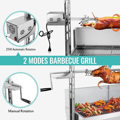 OUKIDR 176 LBS Stainless Steel Rotisserie Grill With Back Cover Guard, 25W Motor Small Pig Lamb Rotisserie Roaster, 48.7 Inch BBQ Charcoal Rotisserie Grill For Camping Outdoor Kitchen