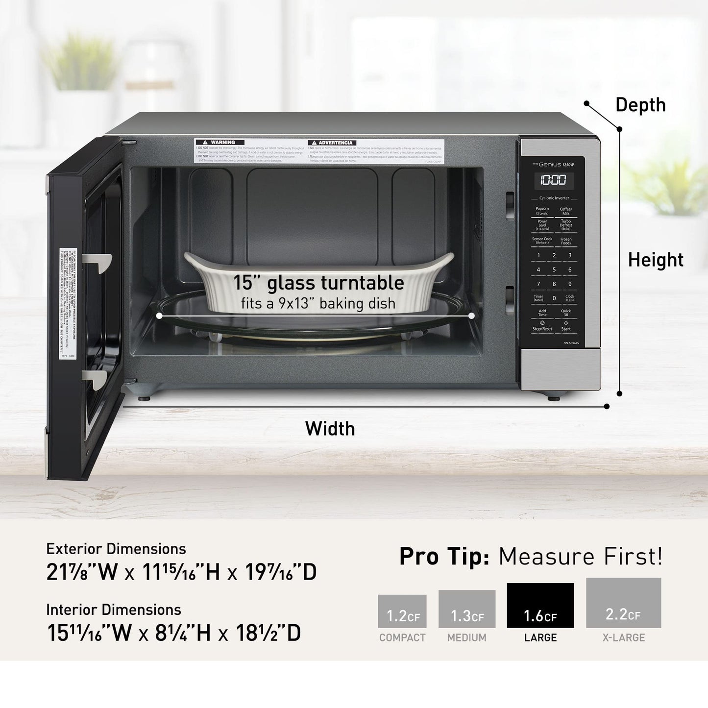 Panasonic NN-SN76LS 1.6 cu.ft Cyclonic Inverter Countertop Microwave Oven 1250Watt Power with Genius Sensor Cooking, 19.44"D x 21.88"W x 11.94"H, Stainless Steel