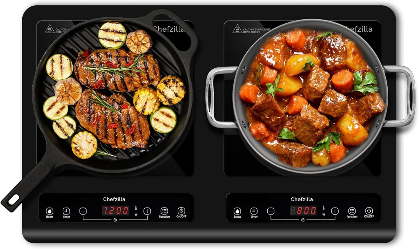 Induction Cooktop 2 Burner, 1800W Double Induction Cooktop with 10 Power & Temp Settings, Dual Induction Burner with Booster Function and 4-Hour Timer, Electric Induction Stove with Child Safety Lock