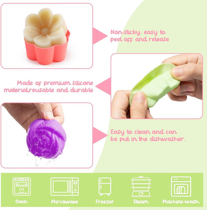 R HORSE 42Pcs Mini Size Silicone Molds, 2 x 0.8 inch Cupcake Multi Flower Shapes Baking Cups Non-Stick Donut Wrapper Mold Muffin Liners Washable for Pan Oven Microwave Dishwasher