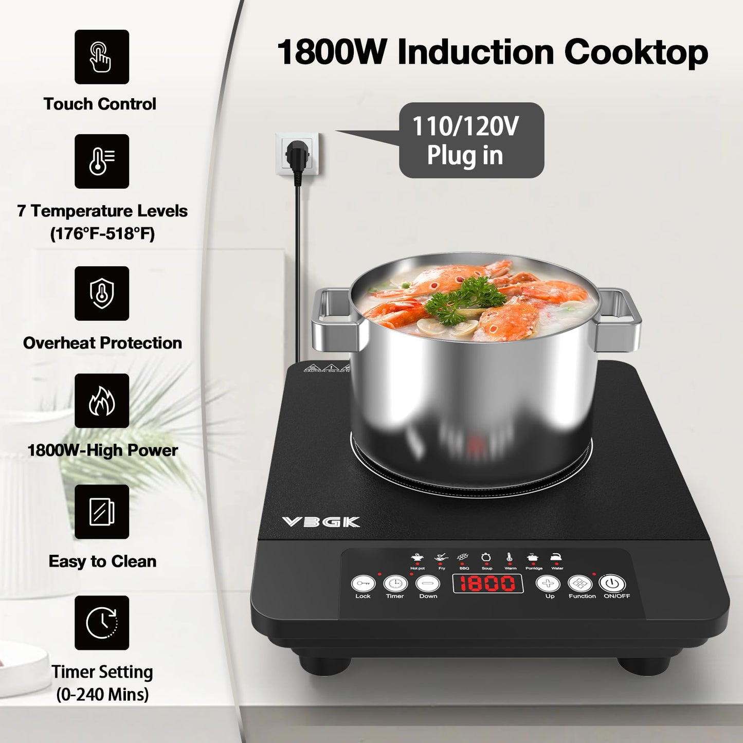 VBGK Portable induction Cooktop,110V Single Burner Induction Stove Top,1800W Induction Hot Plate Electric Burner,7 Power Levels, Kids Lock & Timer,LED touch control,Overheat Protection