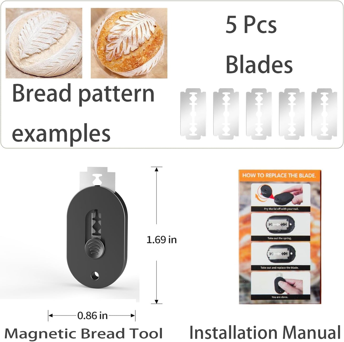 Extractable & Magnetic Bread Lame Dough Scoring Tool - Professional Sourdough Scoring Tool - Sourdough Bread Baking & Bread Scoring Tool - Scoring Patterns booklet & 5 Razor Blades（Black)