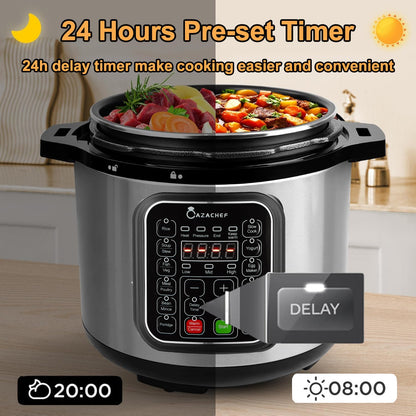 CAZACHEF 8qt stainless steel Pressure Cooker | 24-hour Presetting electric rice cooker, 14 in 1 slow cooker with temperature control | LED Multifunction Steamer, Food Warmer with nonstick pot