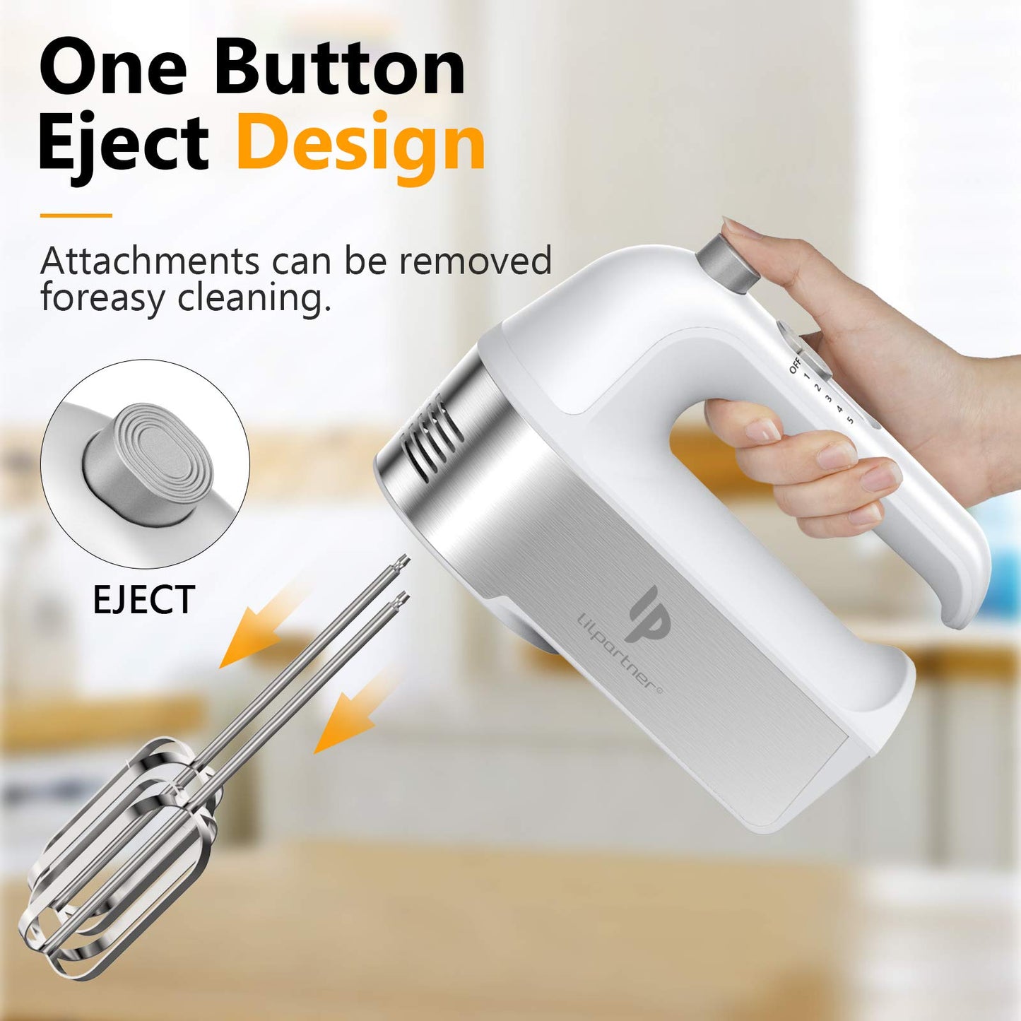 Hand Mixer Electric, 450W Kitchen Mixers with Scale Cup Storage Case, Turbo Boost/Self-Control Speed + 5 Speed + Eject Button + 5 Stainless Steel Accessories, For Easy Whipping Dough,Cream,Cake