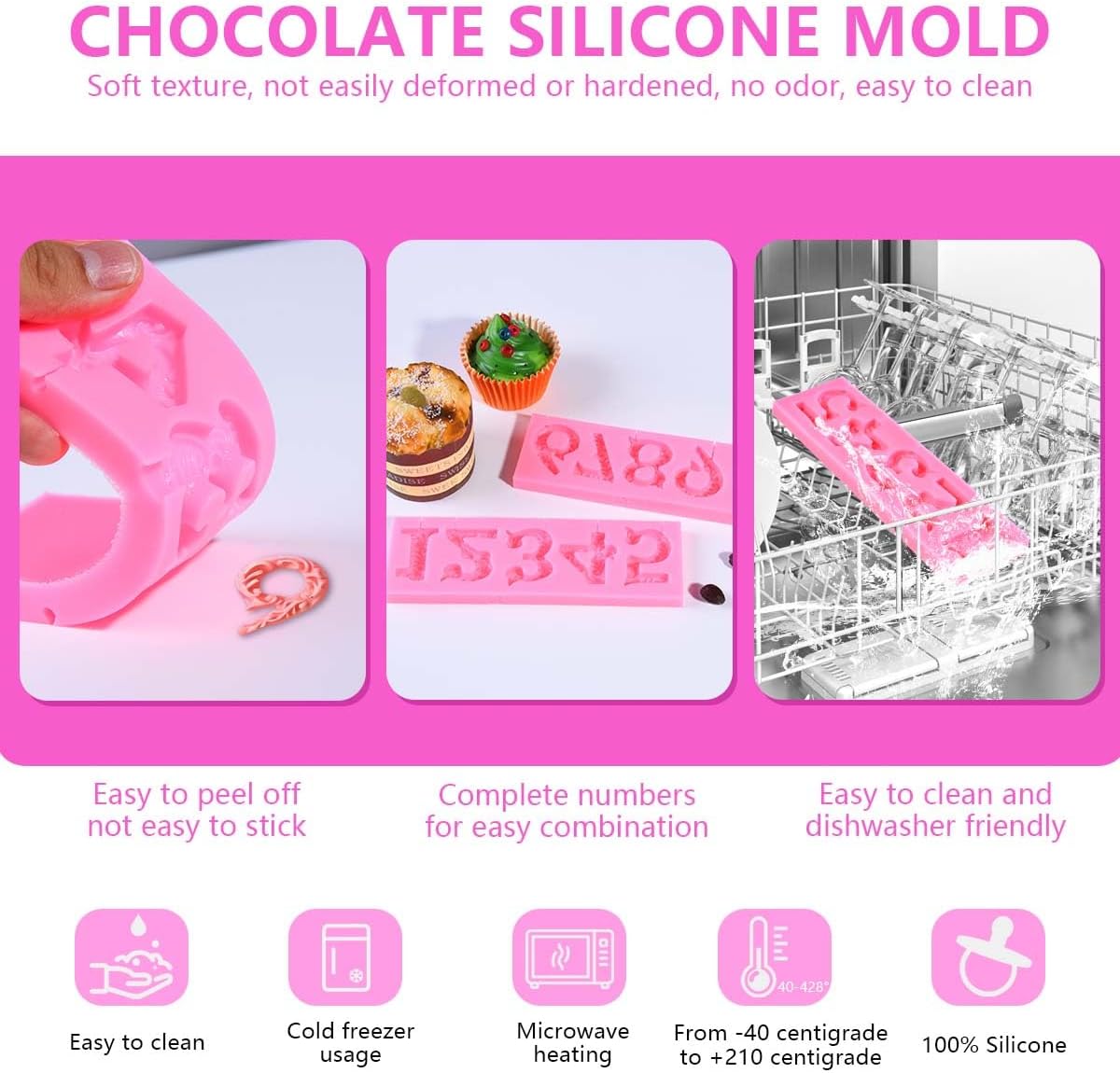 OBTANIM Silicone Number 0-9 3D Embossed Fondant Chocolate Mold with Stick Hole for Birthday Cake Decorating DIY Baking