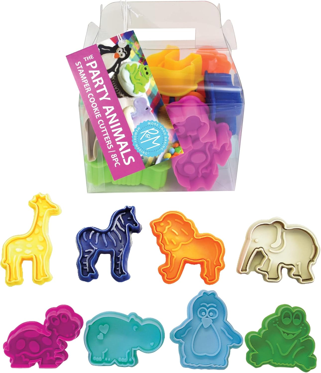 R&M Animal Cookie Stamper, Zoo Animal, Giraffe, Zebra, Lion, Elephant, Turtle, Hippo, Penguin, Frog, 2 Inch, 8 Piece Set