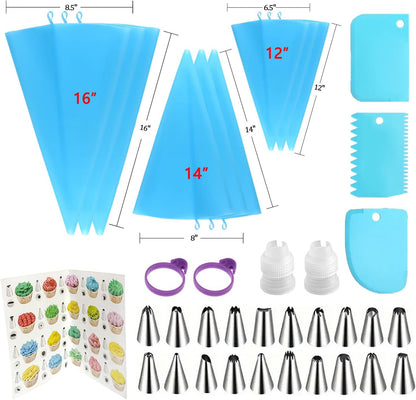 Reusable Piping Bags and Tips Set - Silicone Pastry Bags 3X (12’’+14’’+16’’) with Icing & Frosting Tips for Cake Decorating, Cupcakes, Cookies, Deviled Eggs, and Baking Accessories, Baking Tools Kit