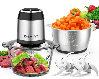 Food Processors, Mini Meat Grinder & Veggie Chopper with 2 Bowls (8 Cup+8 Cup), Electric Food Chopper with 2 Sets of Bi-Level Blades for Meat, Vegetables, Fruits and Nuts