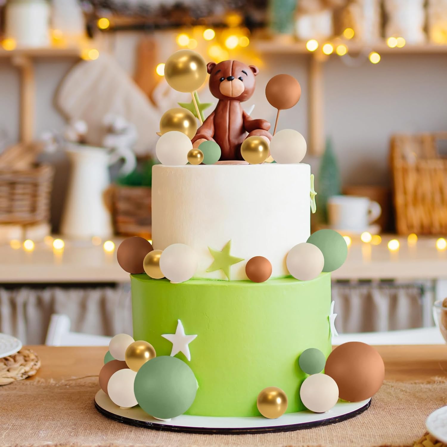 ASTARON 32 Pcs Ball Cake Topper Decorations Mini Balloons Cake Topper Sticks Foam Balls Cake Picks Cake Topper Balls Cake Decorations for Wedding Party Birthday Cake Decorating (Green Brown Gold)