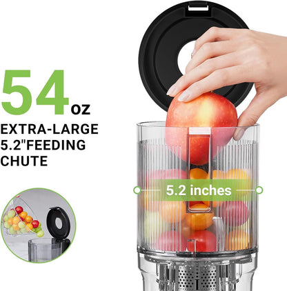 AMZCHEF Cold Press Juicer, Juicer Machines - 5.2" Large Feed Chute for Whole Fruits & Vegetables, Stainless Steel Slow Masticating Juicer Easy to Clean, Large Auger, Triple Strainers, Silver