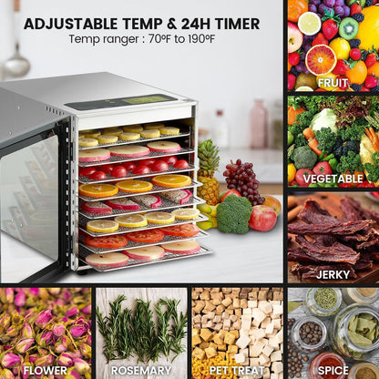 Cercker Food-Dehydrator Machine 8 Stainless Steel Trays, 500W Dehydrator for Herbs, Jerky Dehydrator for Meat, 190ºF Mushroom Dehydrator, 24H Timer Fruits Dehydrator, Veggies, Yogurt & Dog Treats