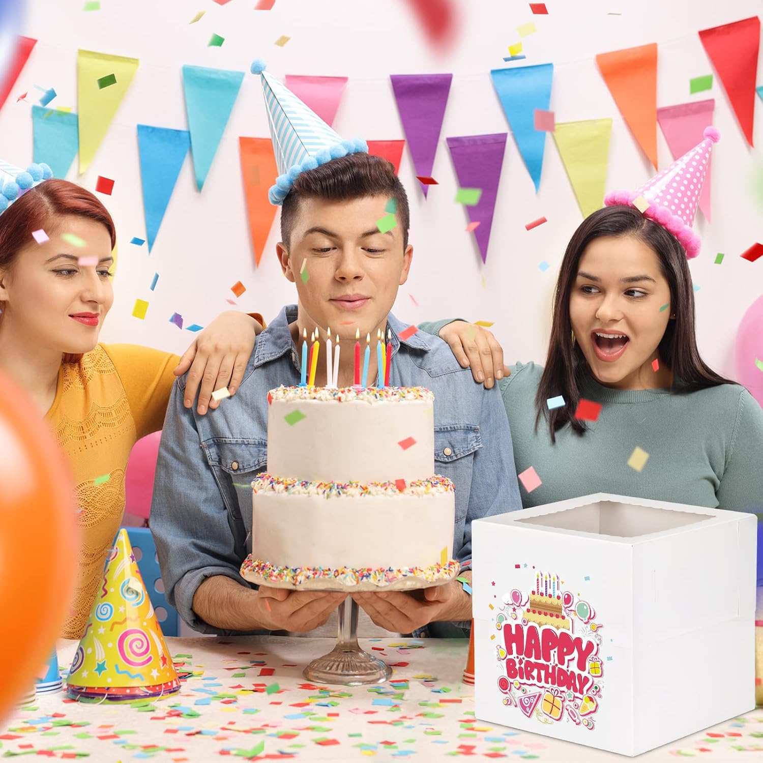 Moretoes 12 Pcs Cake Box, Tall Cake Boxes with Window in 3 Sizes 12x12x12 10x10x10 8x8x8 Inches, Bakery Boxes Disposable Carrier Take Out Container, 2 or 3 Tier for Valentine's Day Mother's Day