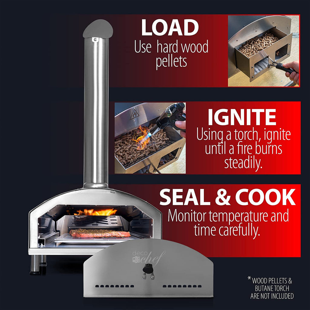 Piec do pizzy Deco Chef Outdoor Pizza Oven z funkcją 2 w 1 do pizzy i grilla, 13-calowy kamień do pizzy, przenośna 3-warstwowa konstrukcja ze stali nierdzewnej, łopatka do pizzy, skrobak do ciasta, łopatka, grill szczelinowy (czarny)