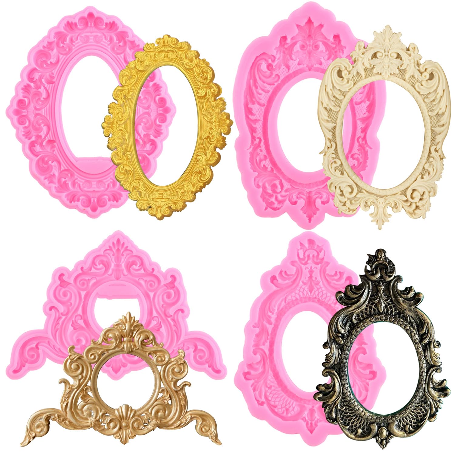 Mujiang Photo Frame Fondant Molds Picture Frames Silicone Mold Vintage Frame Molds For Cake Decorating Cupcake Topper Chocolate Candy Polymer Clay Set Of 4
