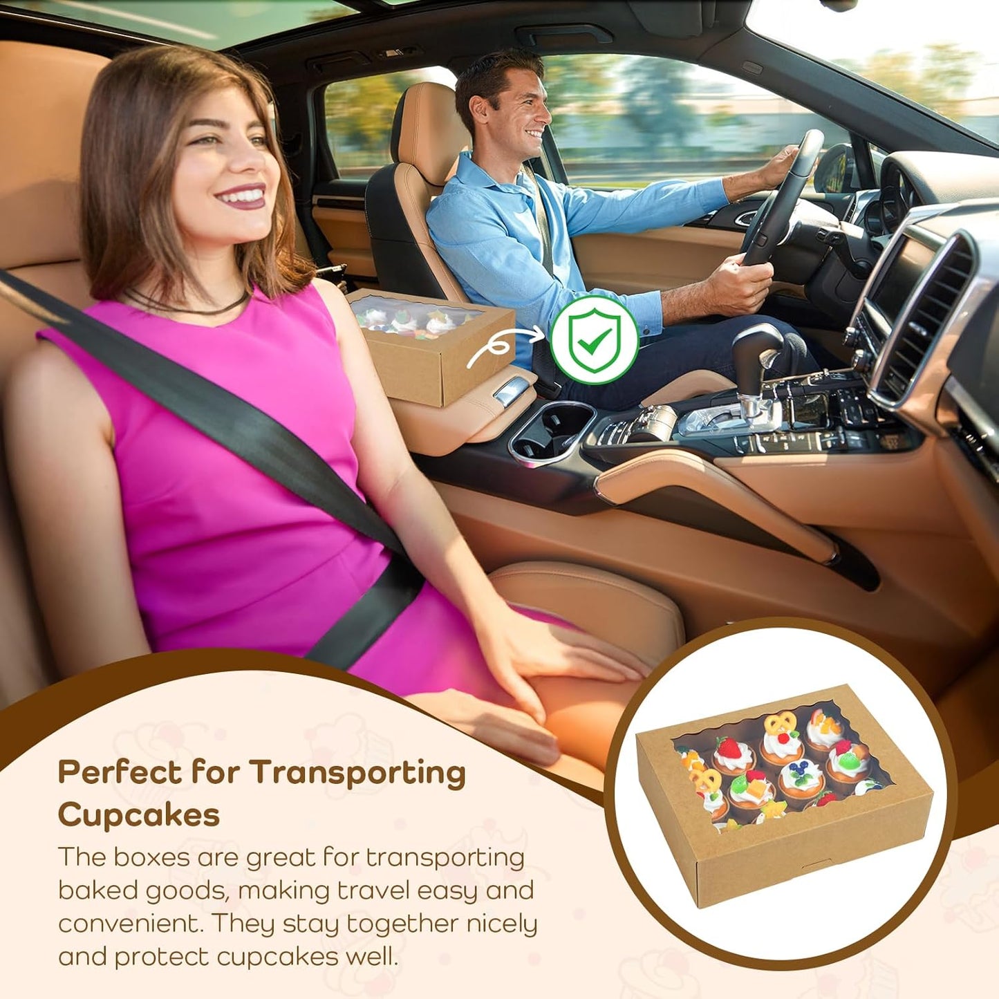 15-Set Cupcake Boxes Hold 12 Standard Cupcakes, Auto-Popup Cupcake Containers with Windows and Inserts, Brown Cupcake Carrier, Food Grade Kraft Cupcake Holders