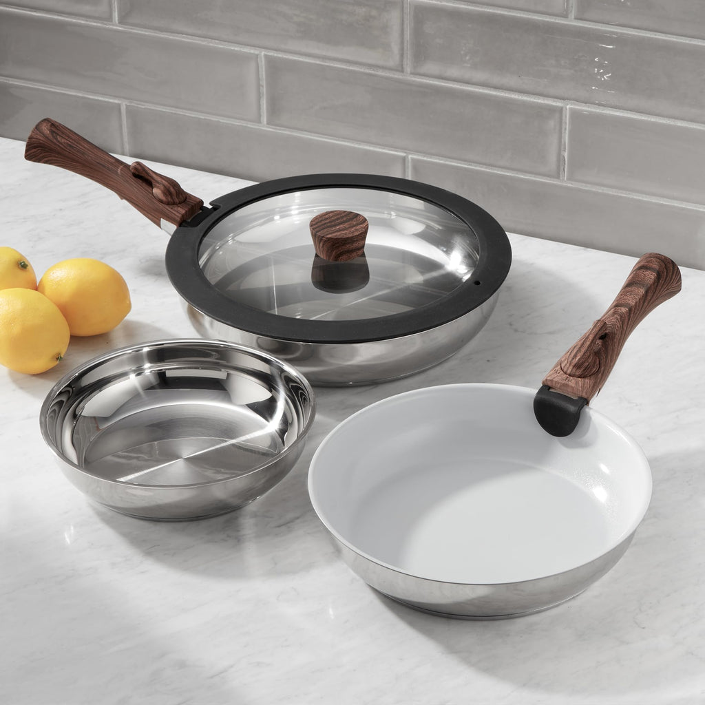 Набір розумних сковорідок Ergo Chef Pro Series з 8 предметів, знімні ручки, компактні для кухонь, будинків на колесах та кемпінгу. Сумісний з електричними, газовими та індукційними плитами, сковорідками з нержавіючої сталі та керамікою, без PTFE та PFOA.