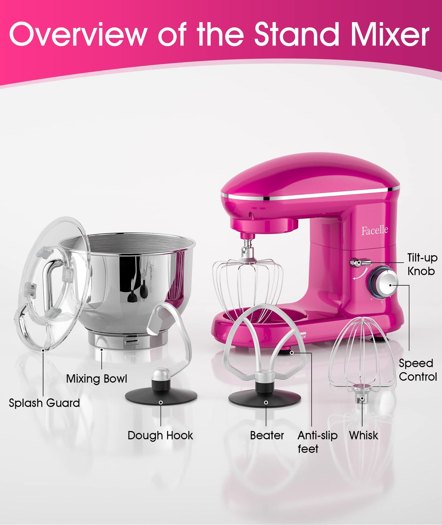 Facelle Stand Mixer, Electric Kitchen Mixer, 660W 6 Speed Tilt-Head stand mixer with Pulse Button, Attachments include 6.5 QT Bowl, Dishwasher Safe Beater, Dough Hook, Whisk & Splash Guard - Purple