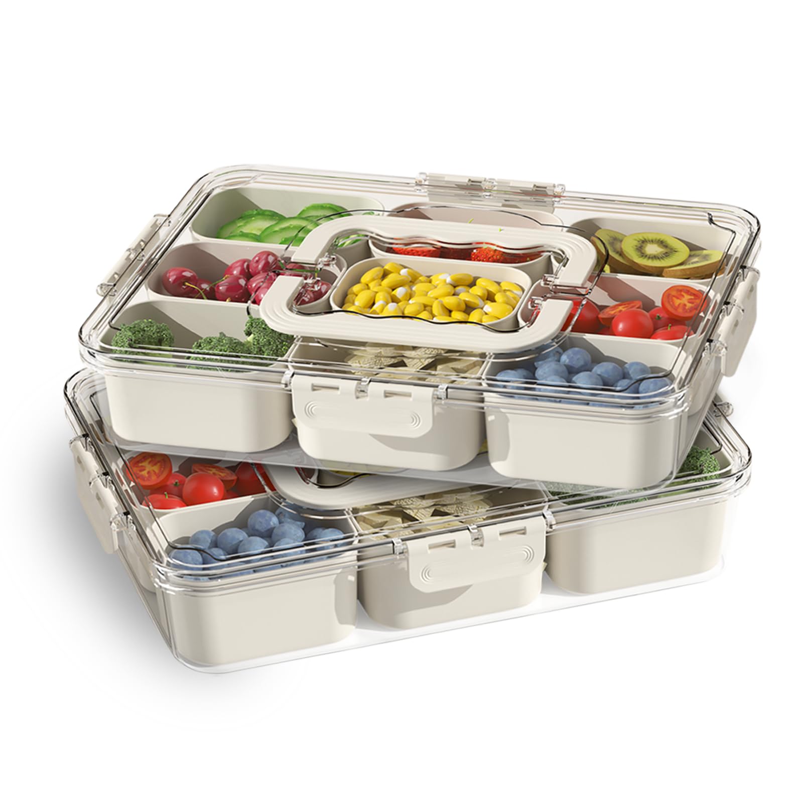 Divided Serving Tray with Lid and Handle, Stackable Snackle Box Container for Fruits Candy Organizer, Portable Spinning Rounded Veggie Tray for Kitchen, Party, Trave and Picnic-1 Pack