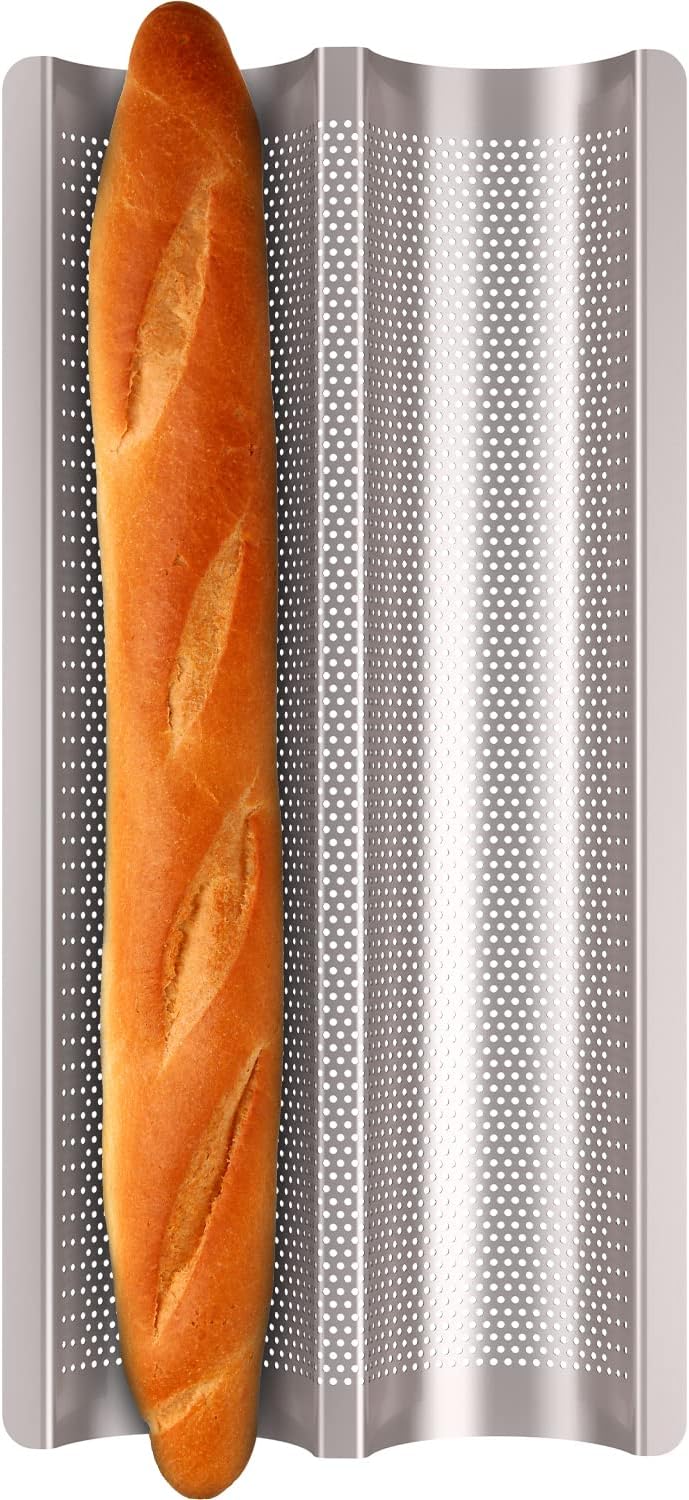 Baguette Pan French Bread Pans For Baking Pans, Nonstick 2 Slots Perforated Italian Loaf Pan Mold Long French Bread Pan Golden