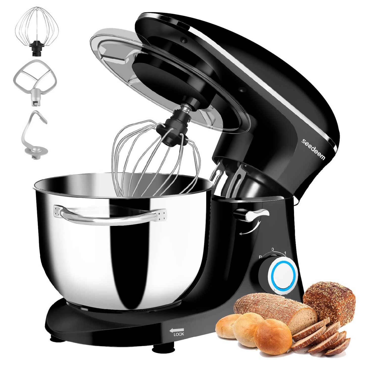 Seedeem Stand Mixer, 6Qt Electric Food Mixer, 660W 6-Speeds Tilt-Head Dough Mixers with Dishwasher-Safe Dough Hook, Wire Whip & Beater for Daily Use, Black