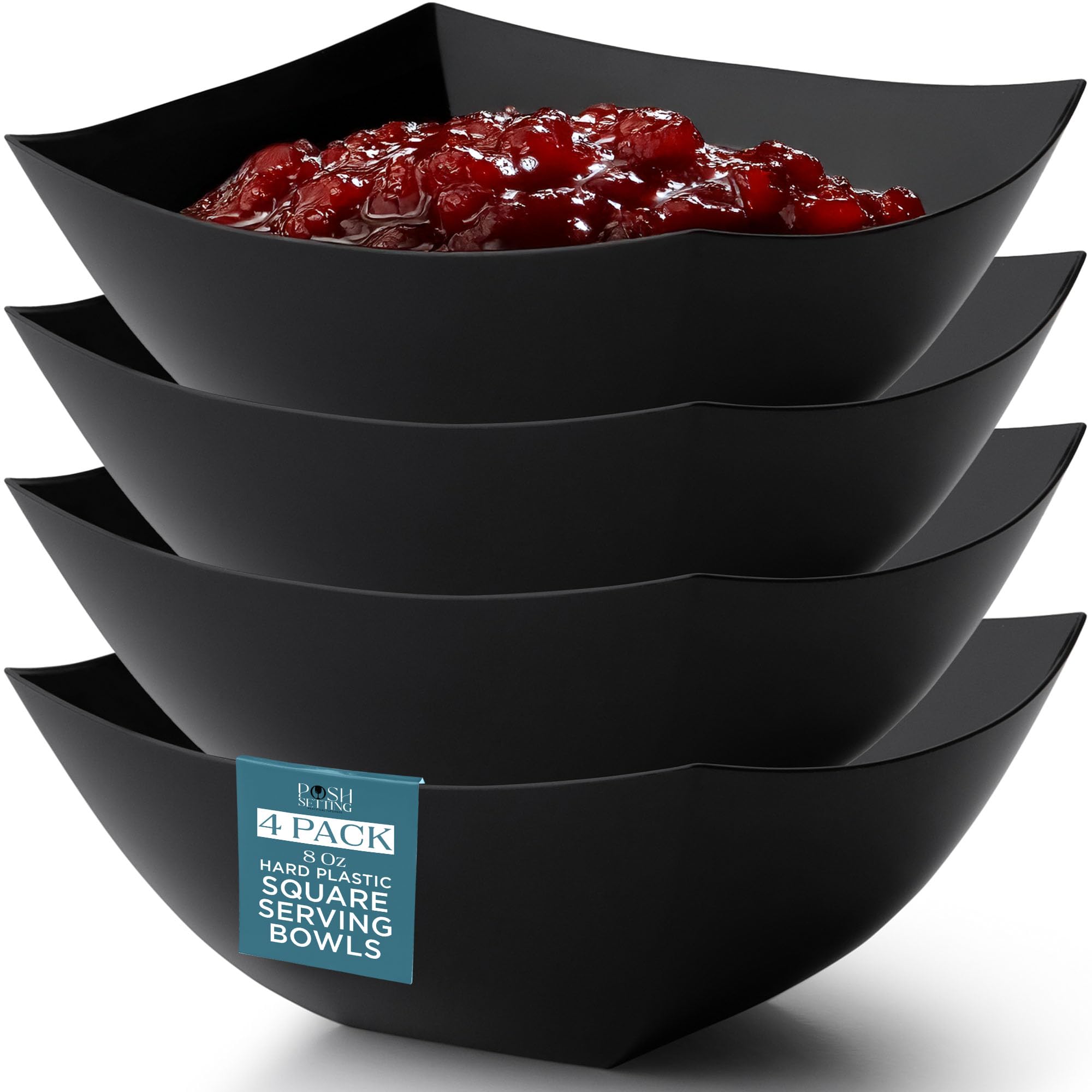 Posh Setting - Clear Plastic Serving Bowls for Party (8oz - 4 Pack) Square, Disposable, Salad & Fruit Bowls for Party Table, Candy Containers for Candy Buffet