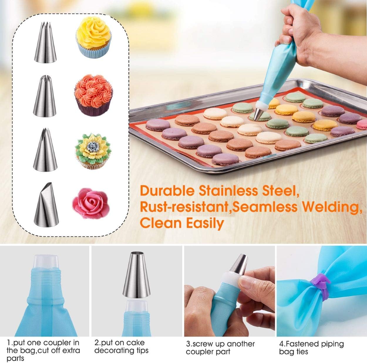 Angadona Macaron Silicone Baking Mats Kit (16pcs set) Macaroon Baking Mat Set of 2 Half Sheet Macaron Silicone Mat Nonstick Macaron Mat Sheet,6 Piping Tip,2 Piping Bag with 3 Bag Tie,2 coupler