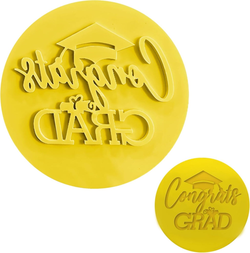 Graduation Fondant Stamp, Congrats Grad Cookie Stamp, 3D Raised Design Graduation Fondant Embosser for DIY Baking Cake Decorating Cookies Sugar Paste Cupcake Topper, 3.15inch, Yellow