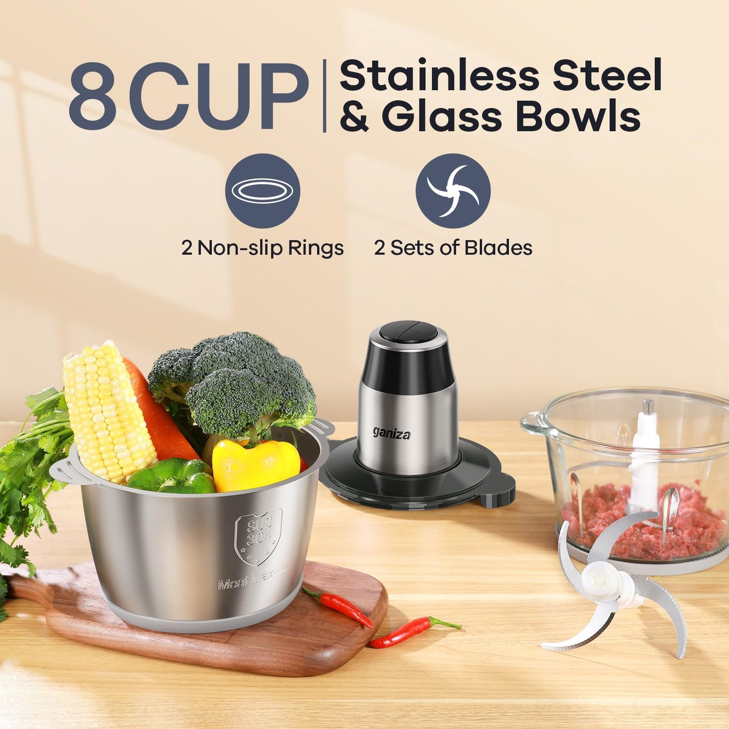 GANIZA Food Processors, Electric Food Chopper with Meat Grinder & Vegetable Chopper - 2 Bowls (8 Cup+8 Cup) with Powerful 450W Copper Motor - Includes 2 Sets of Bi-Level Blades for Fruits/Meat/Nuts