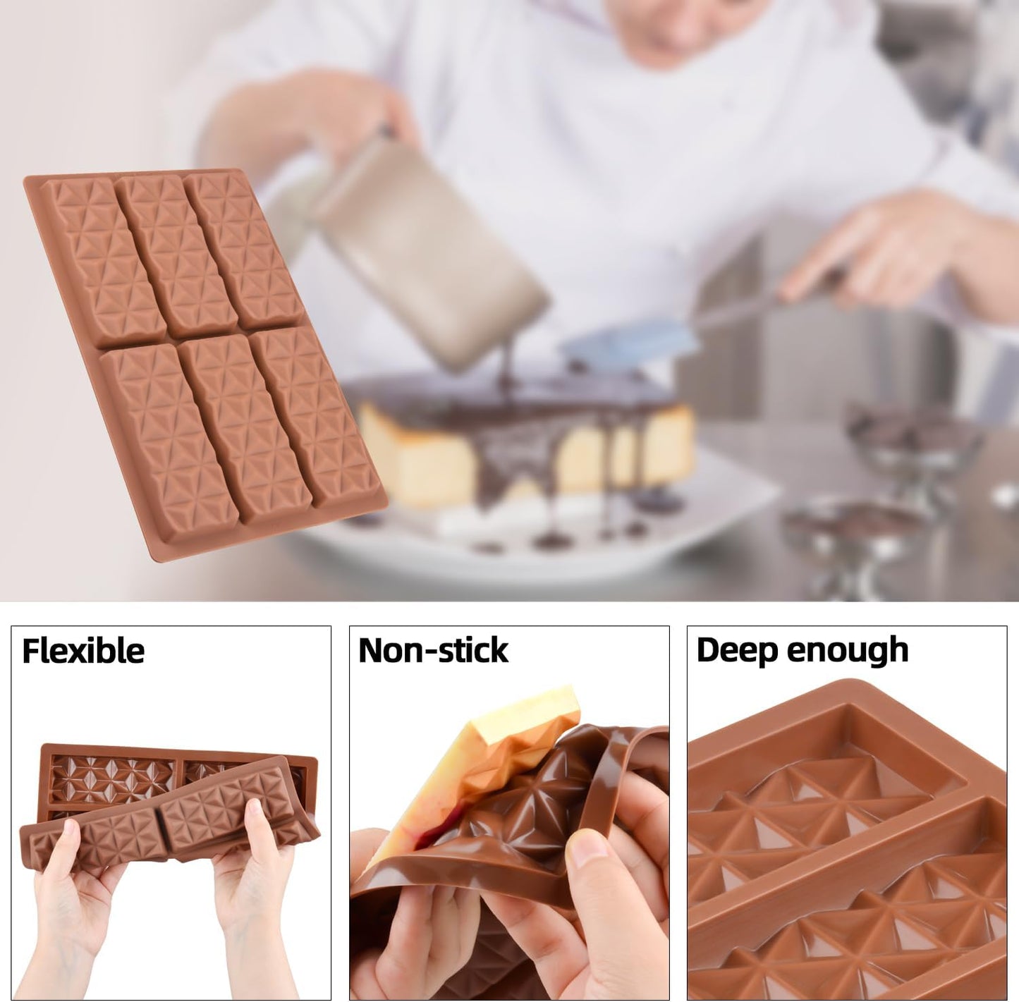 1 Pc Chocolate Bar Mold Deep Dubai Break Apart Candy Molds Thick Stuffed Silicone Molds for Filling Knafeh Pistachio Chocolate Bar and Wax Melts Large (Pyramid Shape)