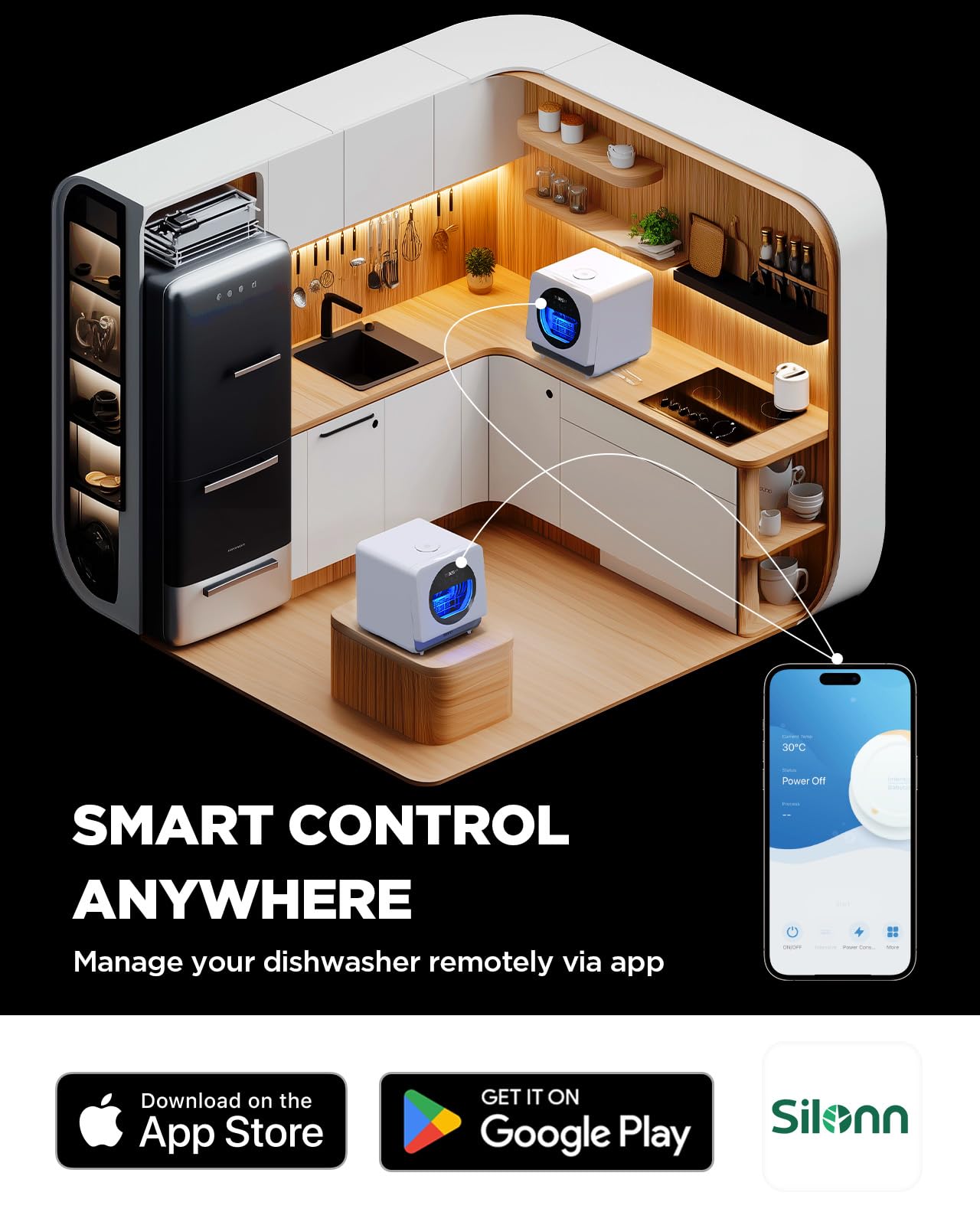 Silonn Compact Countertop Dishwasher with Smart App Control, Portable Dishwasher Countertop with Triple-Jet Cleaning System, Built-In Water Tank, Ideal Mini Dishwasher for Kitchens and RVs