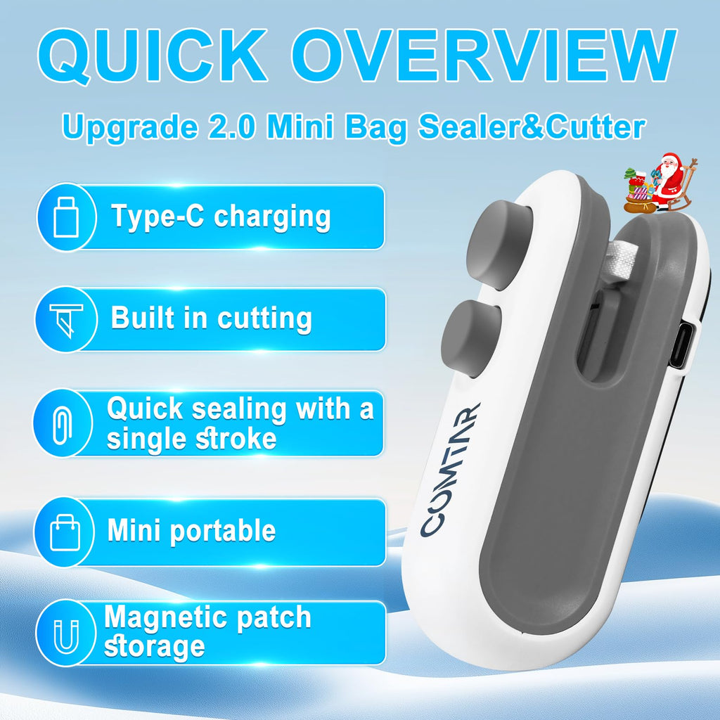 COMTAR Mini Bag Sealer, ulepszona zgrzewarka i obcinarka 2 w 1, akumulatorowa zgrzewarka do toreb USB C z magnesem, przenośna maszyna do ponownego zamykania toreb plastikowych, przechowywanie chipsów, przekąski, świeżość