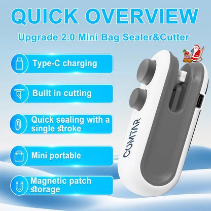 COMTAR Mini Bag Sealer, Upgraded 2 in 1 Heat Sealer&Cutter, Rechargeable USB C Bag Sealer Heat Seal Machine with Magnet, Portable Resealer Machine Sealer for Plastic Bags Chip Storage Snacks Freshness