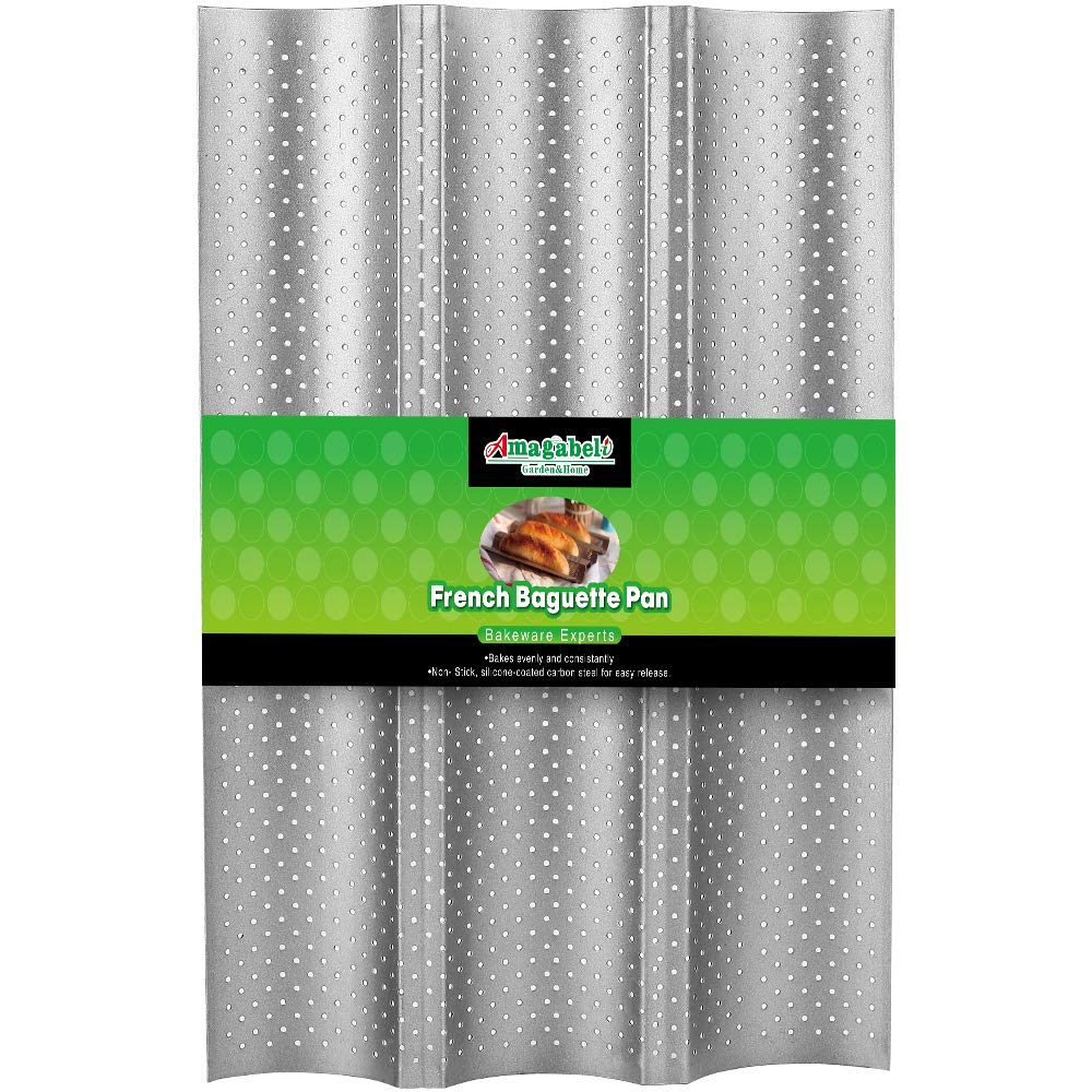 AMAGABELI GARDEN & HOME Baguette Bread Pan 15" x 13" Nonstick Perforated Baguette Tray French Bread Baking 4 Wave Loaf Bake Mold Toast Cooking Baker Molding Gutter Oven Toaster Dishwasher Safe Silver