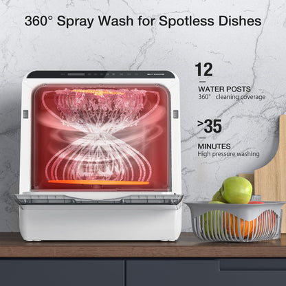 BLITZHOME Portable Dishwasher Countertop, WIFI Smart Dishwasher, Compact Dishwashers with 5L Built-in Water Tank, 6 Programs, 360° Dual Spray, High-Temp& Air-Dry Function, Fruit Cleaning