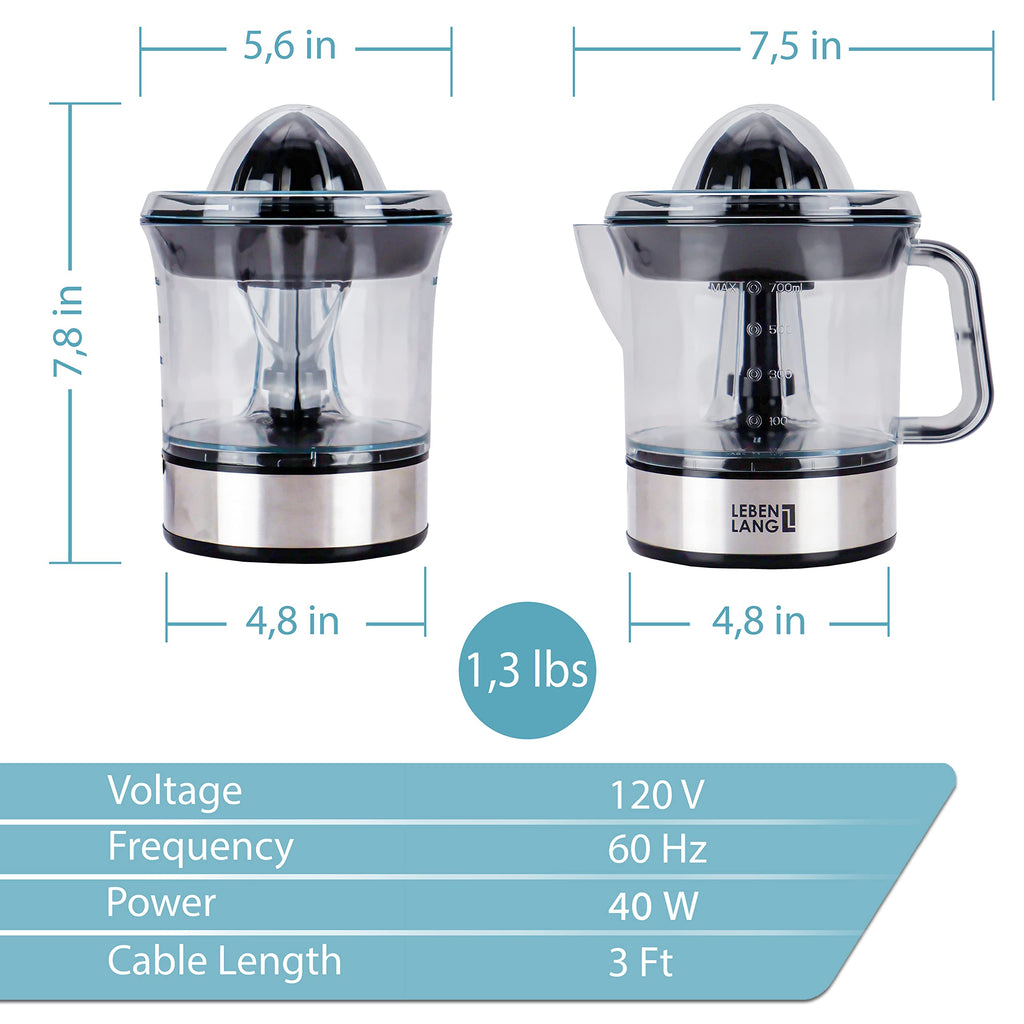 LEBENLANG – Electric juicer max juice yield | Citrus juicer + 2 cones 40W | Lemon, lime, orange, fresh fruit squeezer machine | Automatic lever press extractor | exprimidor de naranjas electrico