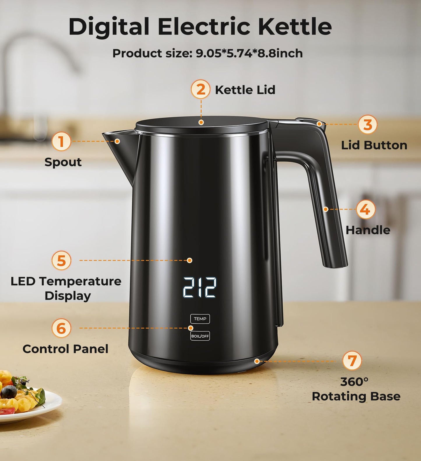 Electric Kettle, Double Wall Stainless Steel Cool Touch Water Boiler Heater, 7 Temperature Control Teapot, 4H Keep Warm, 1.0L 1200W Fast Heat with Auto Shut-Off, Boil-Dry Proof Coffee Tea Pot, Black